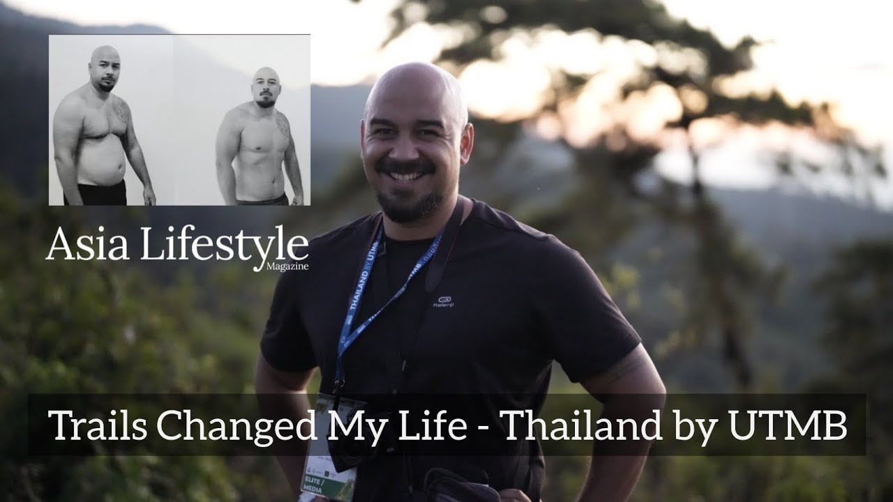 Trails Changed My Life – Thailand by UTMB A smiling man at a trail race with an inset before-and-after body transformation photo