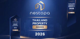 Nestopa Thailand Property Awards 2026 banner with winner trophies for developer and agency