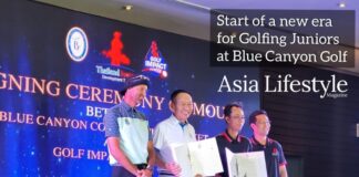 The Start of a New Era for Junior Golfers Four men hold signed agreements at a Blue Canyon golf partnership signing ceremony
