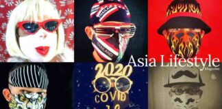 Grid of six portraits showing people in decorated face masks, including flame, skull and Thailand flag designs