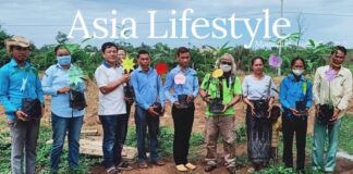 A line of Cambodian villagers and project workers hold potted tree saplings at the edge of a cleared plot