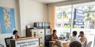 Foreign Property Demand Thrives Amid Crackdown A legal adviser talks a foreign couple through property paperwork at a Phuket property acquisition office