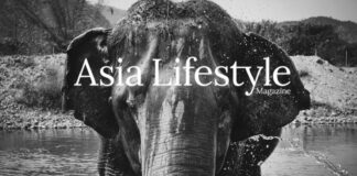 Black and white photograph of an elephant standing chest-deep in a river, water running from its head