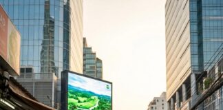 Pedestrians walk a Bangkok pavement past food carts, with glass office towers and a video billboard above