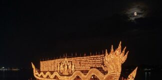 River of Fire: A Fiery Escape Crowds line the riverbank at night to watch an illuminated fire boat float on the Mekong