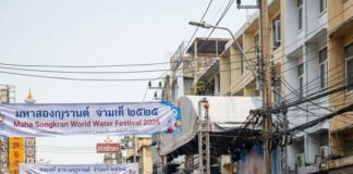 “Experience the Splash: Thailand’s Maha Songkran World Water Festival 2026!” Crowds soak each other with water guns beneath a Maha Songkran World Water Festival banner, tuk-tuks in the street