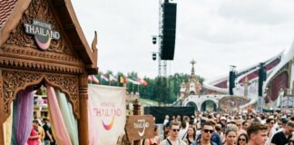 Festival-goers gather at the Amazing Thailand pavilion at Tomorrowland in Belgium