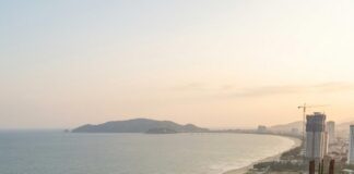 A construction worker looks out from the top floor of a Vietnamese beachfront tower under construction