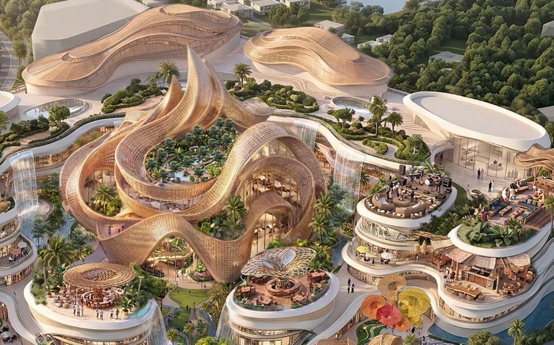 Conceptual design of the central woven pavilion and rooftop terraces at ICONPHUKET