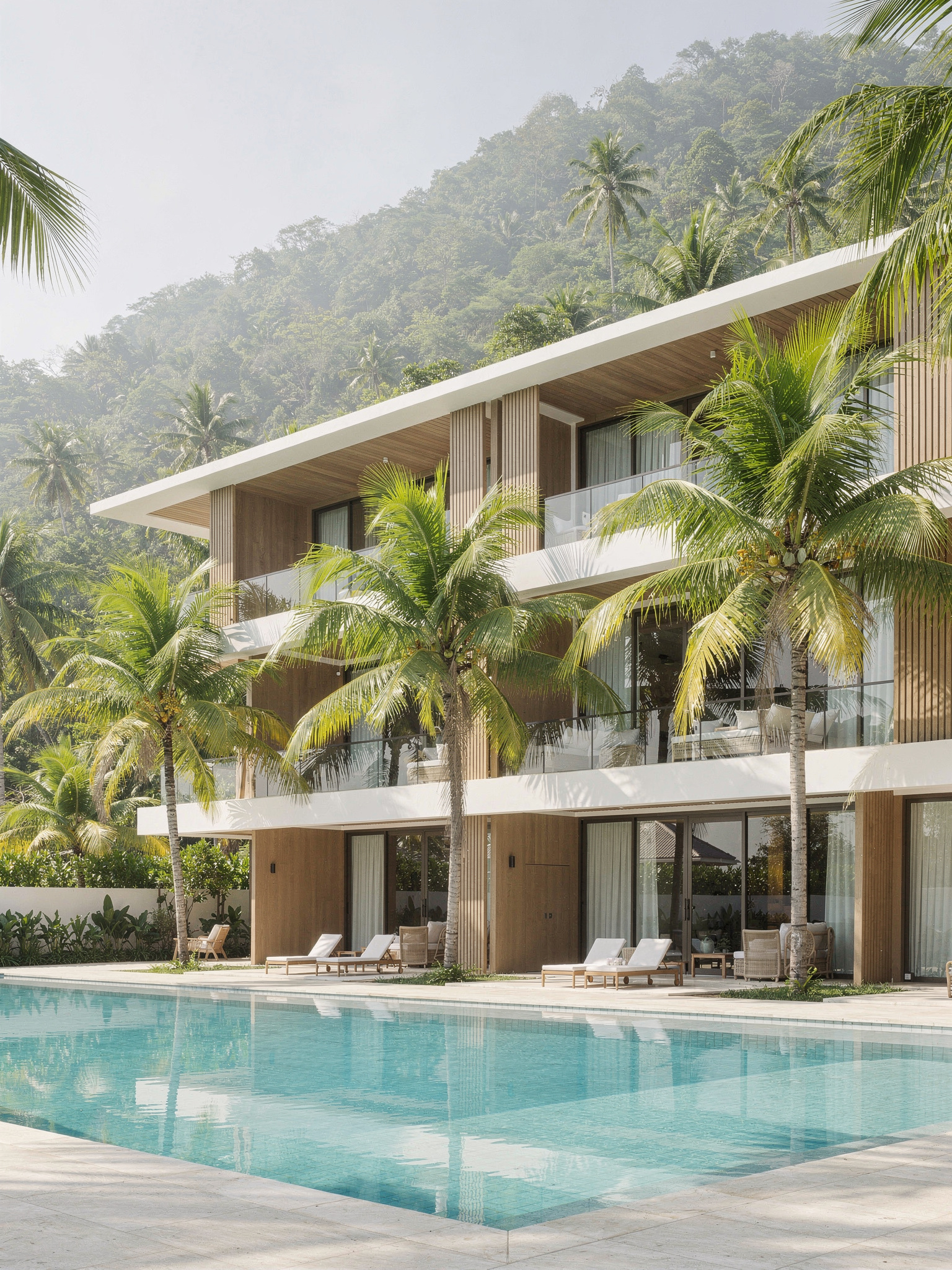 Low rise condominium with pool and palm trees on Koh Samui