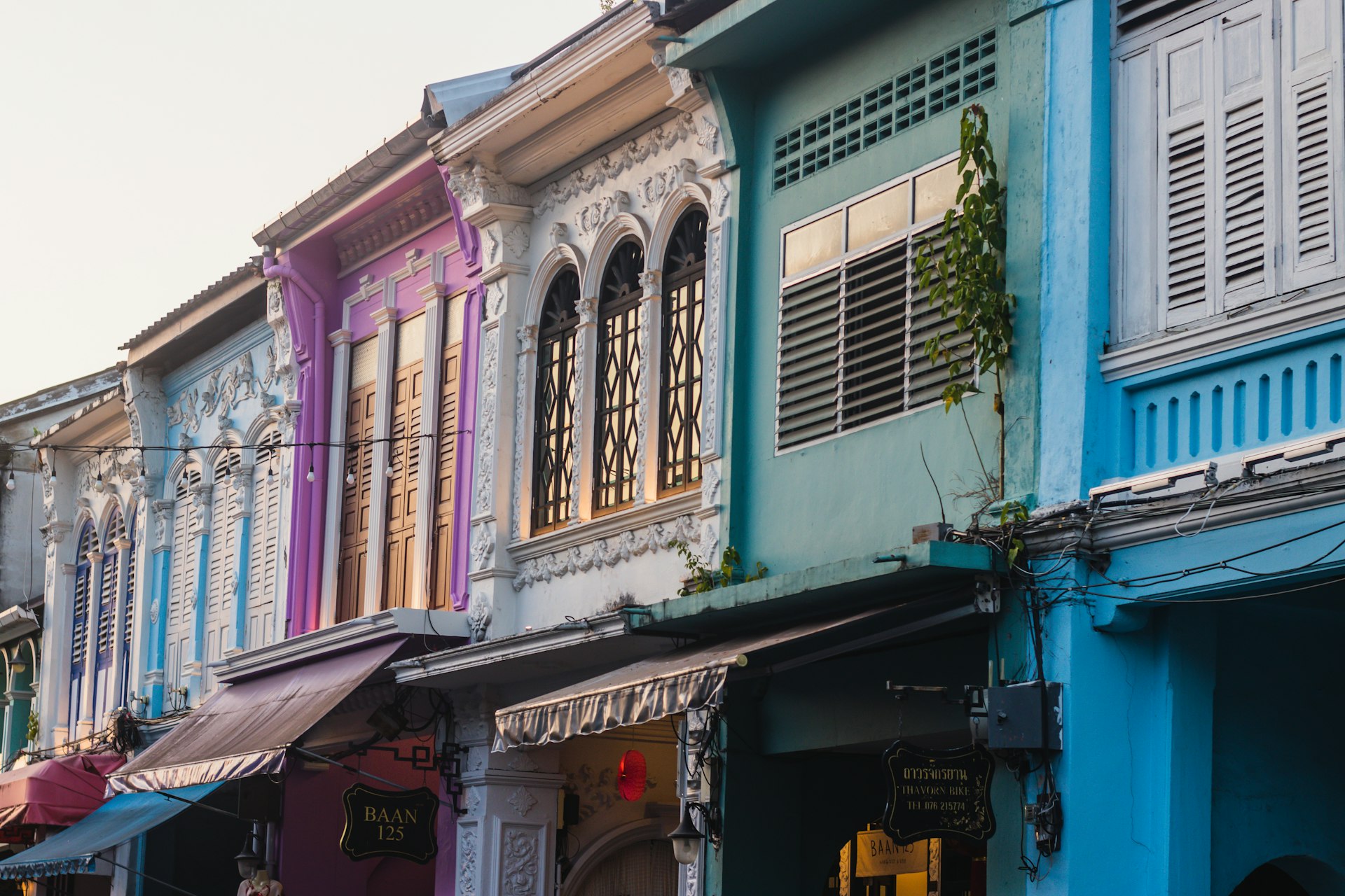 Row of colourful Sino-Portuguese shophouses in Phuket Old Town