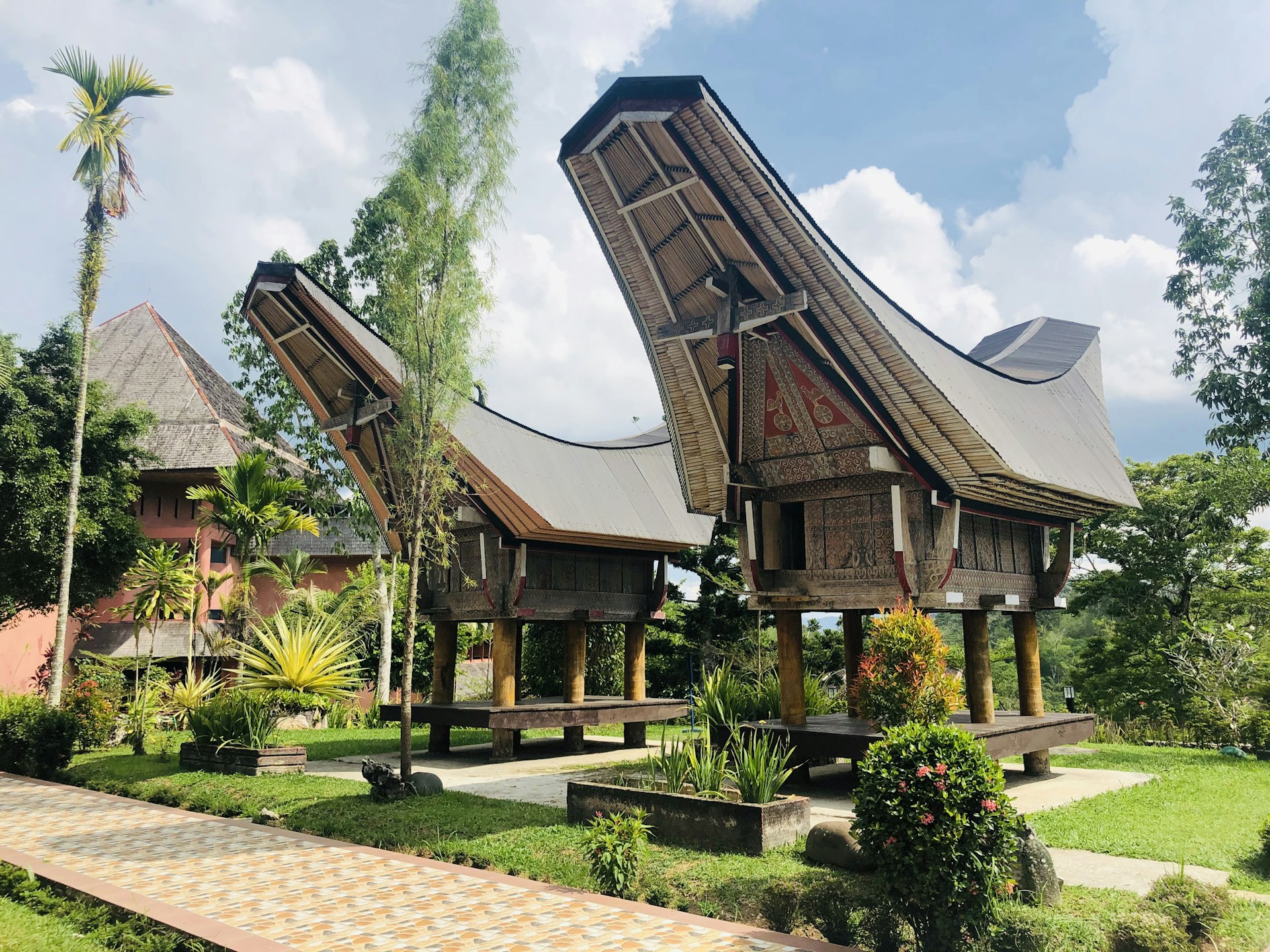 Traditional Toraja tongkonan house with a boat shaped roof in Tana Toraja, Sulawesi