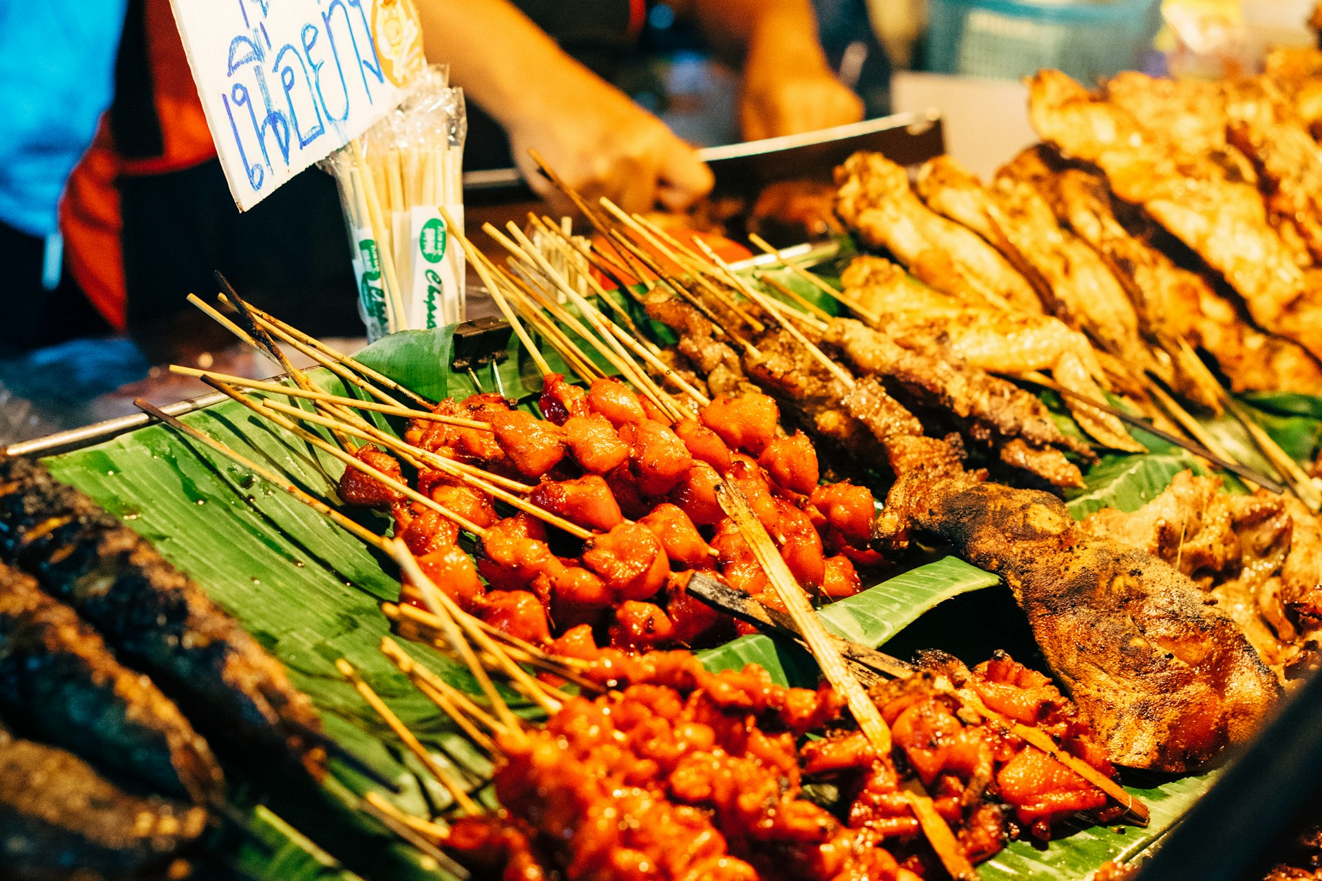 Grilled skewers at a Thai evening market