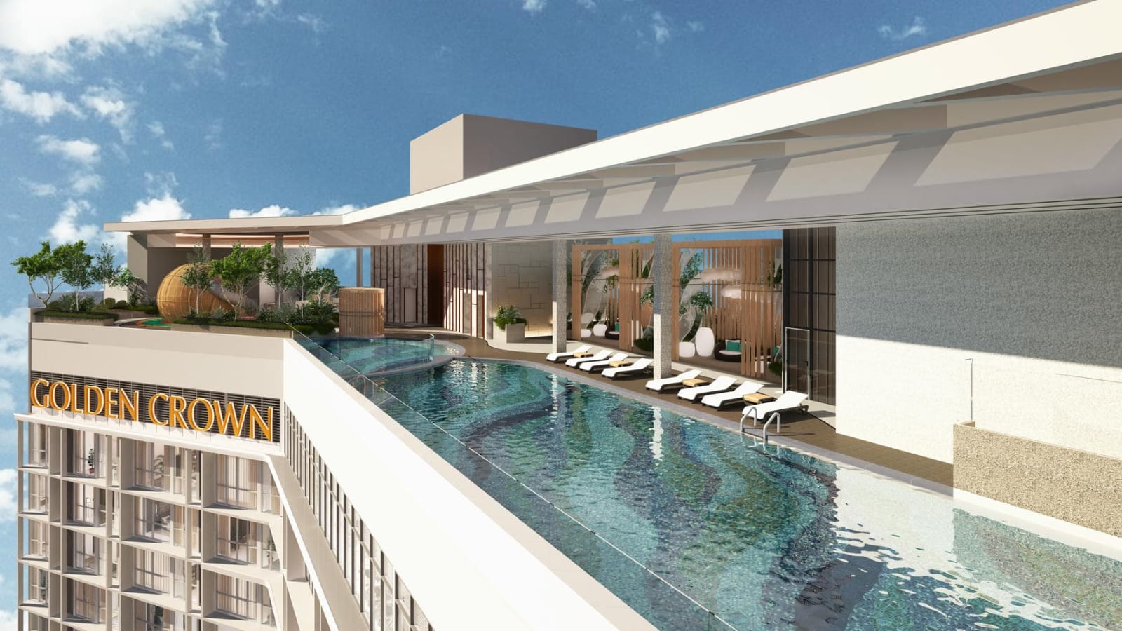 The pool deck at Golden Crown Residence beside TRX