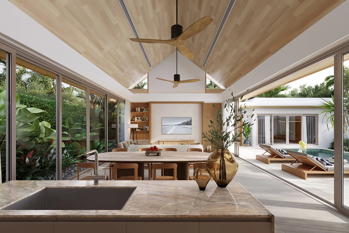 Kitchen and living space opening onto the garden at The Tales