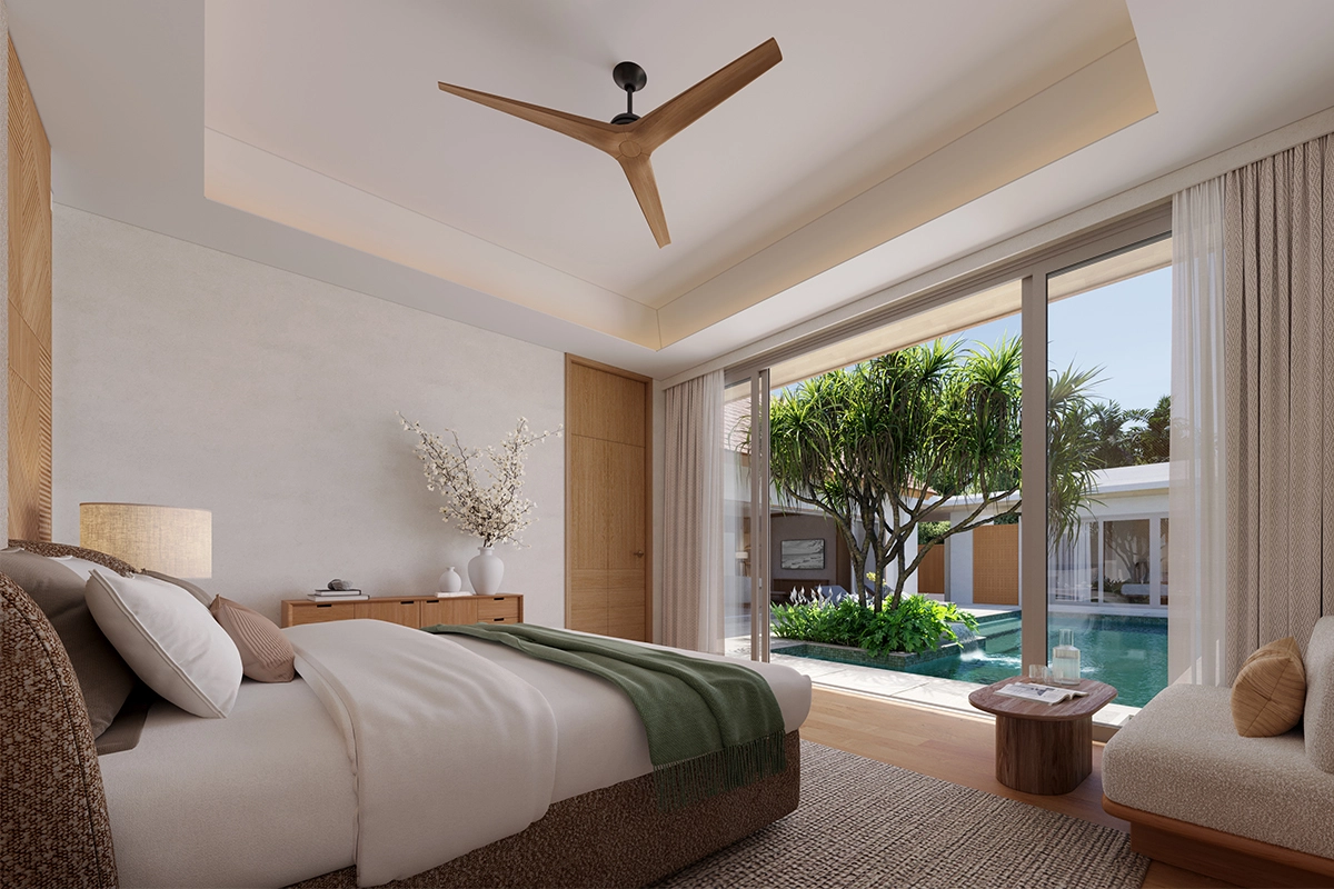 Main bedroom looking onto the pool at The Tales Story One Bangjo