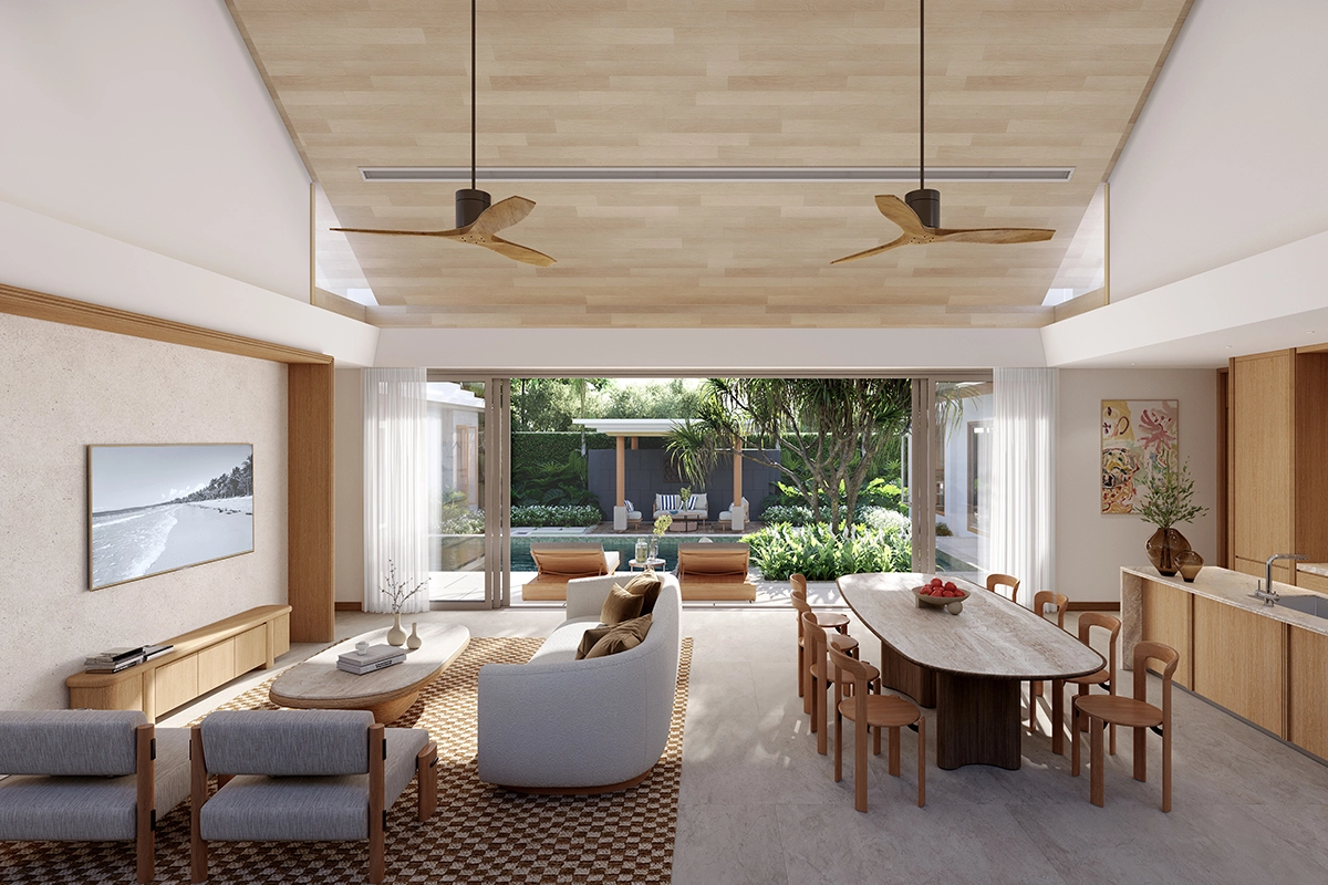 Open plan living and dining room at The Tales by Sansiri