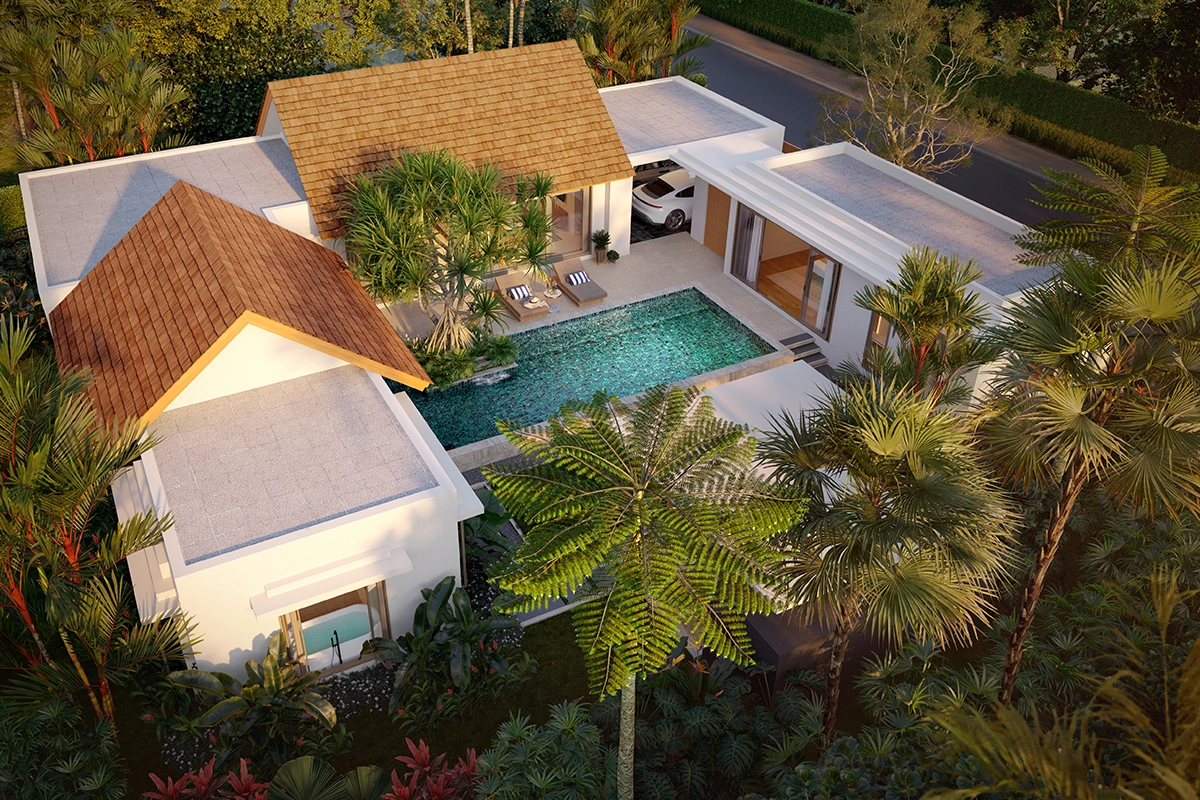 Aerial view of a pool villa at The Tales Story One Bangjo by Sansiri